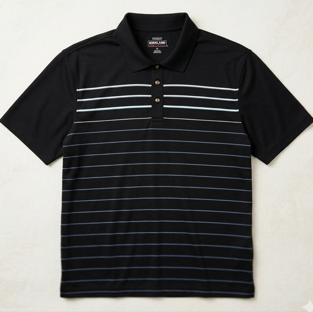 Kirkland Signature XL Black Striped Performance Golf Polo Shirt Short Sleeve
